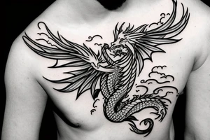 A dragon with open wings and water splashing on both sides, measuring less than 15 cm, minimalist. tattoo idea
