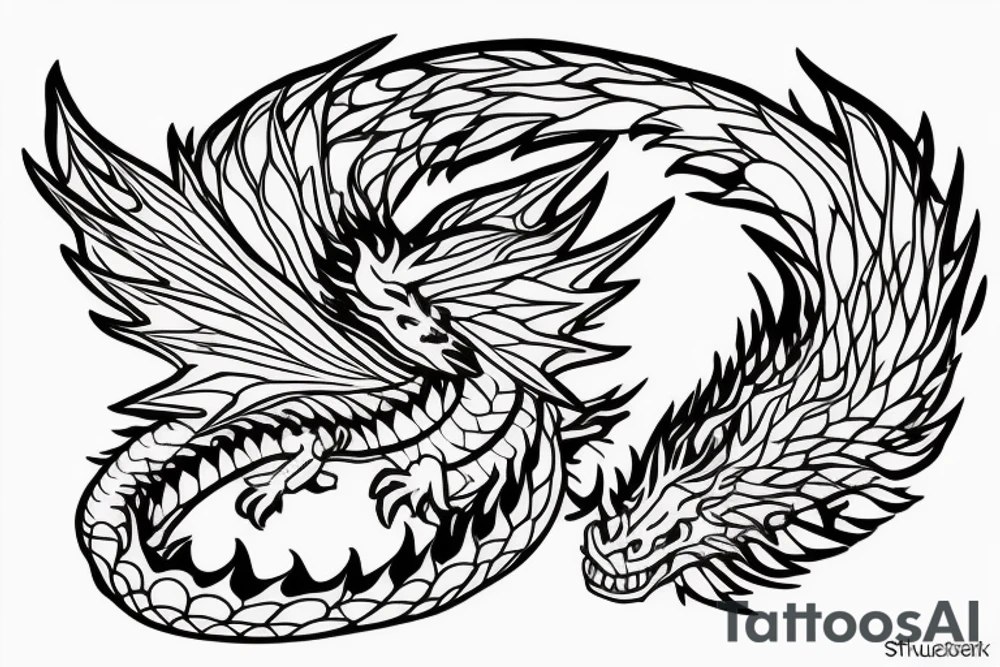A dragon with open wings and water splashing on both sides, measuring less than 15 cm, minimalist. tattoo idea