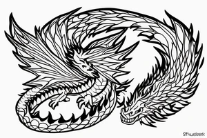 A dragon with open wings and water splashing on both sides, measuring less than 15 cm, minimalist. tattoo idea