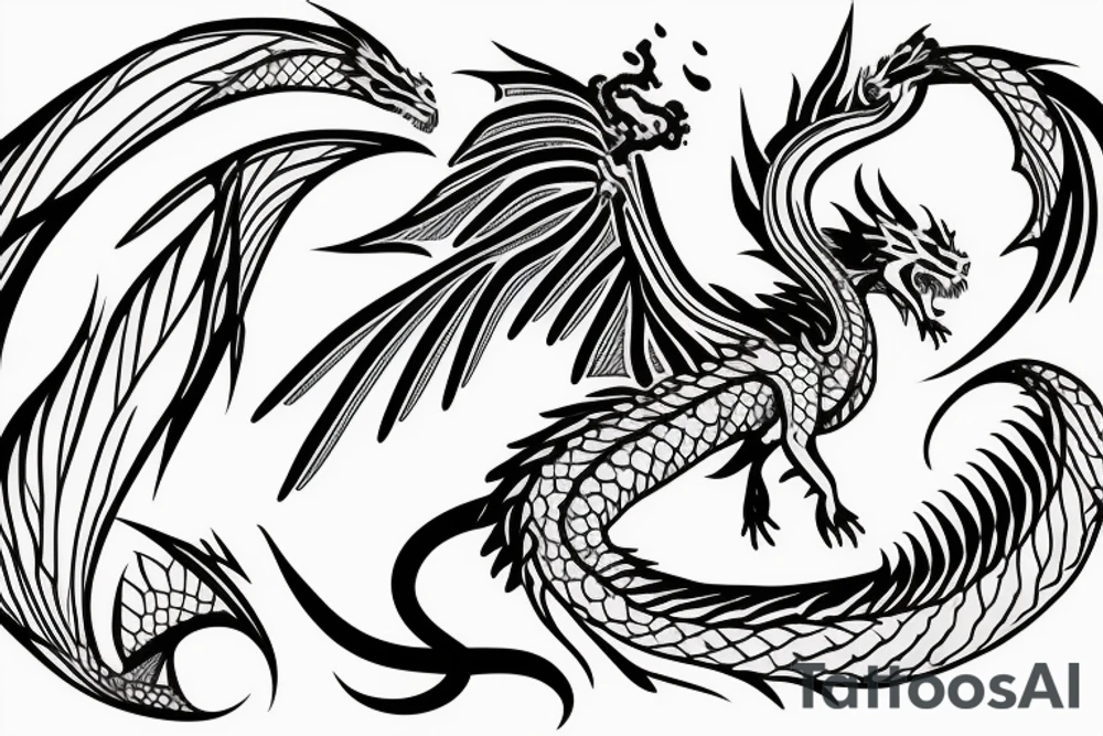 A dragon with open wings and water splashing on both sides, measuring less than 15 cm, minimalist. tattoo idea