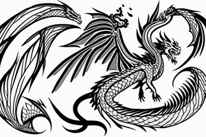 A dragon with open wings and water splashing on both sides, measuring less than 15 cm, minimalist. tattoo idea