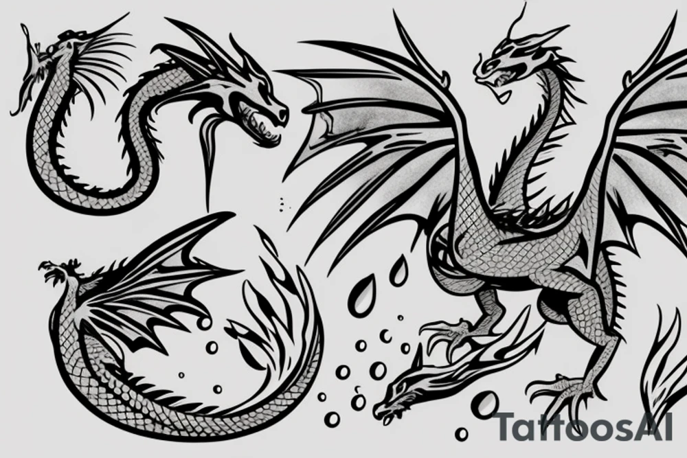 A dragon with open wings and water splashing on both sides, measuring less than 15 cm, minimalist. tattoo idea
