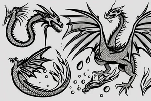 A dragon with open wings and water splashing on both sides, measuring less than 15 cm, minimalist. tattoo idea