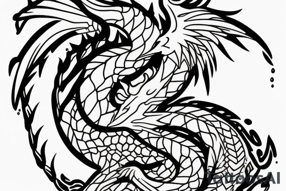 A dragon with open wings and water splashing on both sides, measuring less than 15 cm, minimalist. tattoo idea