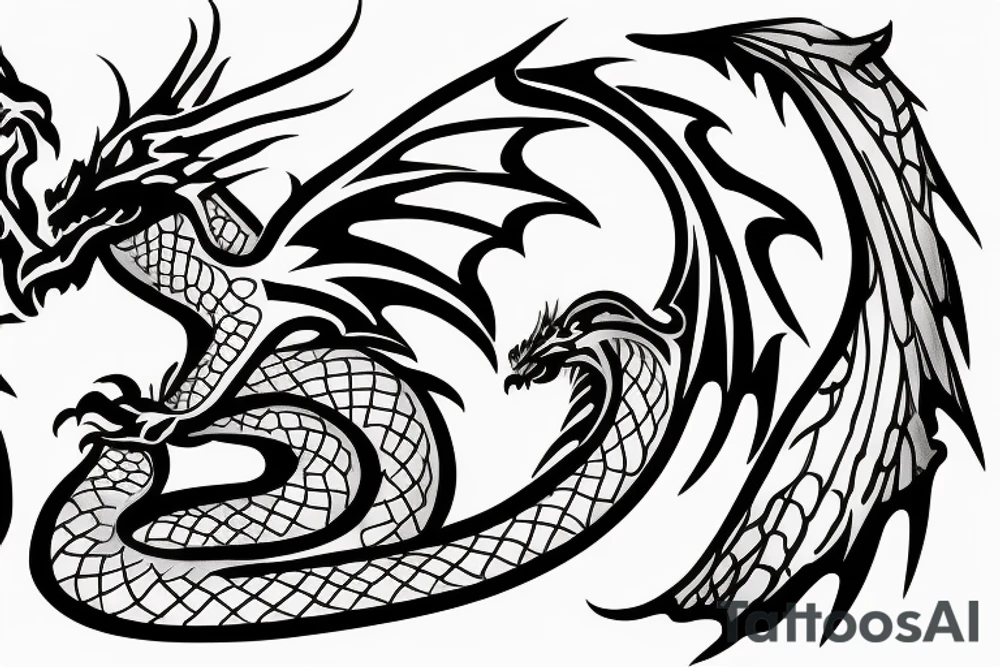 A dragon with open wings and water splashing on both sides, measuring less than 15 cm, minimalist. tattoo idea