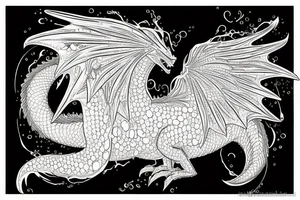 A cúter dragon with open wings and water splashing on both sides, measuring less than 15 cm, pointillism. tattoo idea