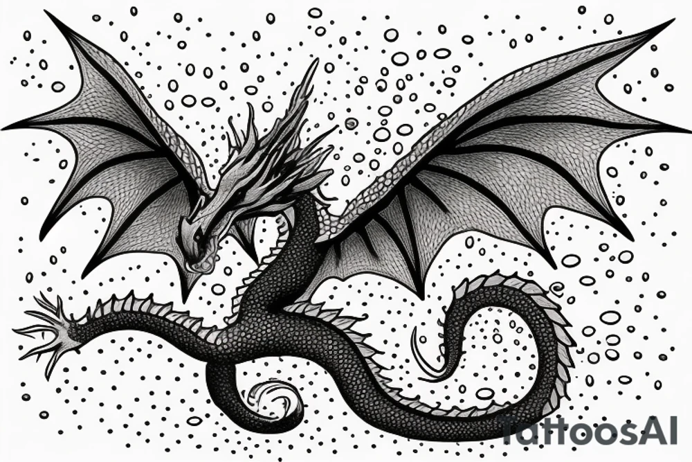 A cute dragon with open wings and water splashing on both sides, measuring less than 15 cm, pointillism. tattoo idea