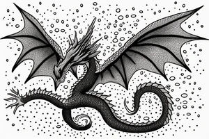 A cute dragon with open wings and water splashing on both sides, measuring less than 15 cm, pointillism. tattoo idea