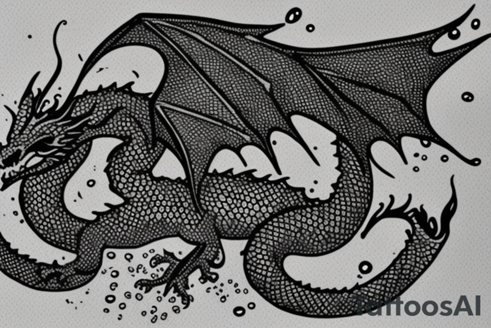 A cute dragon with open wings and water splashing on both sides, measuring less than 15 cm, pointillism. tattoo idea