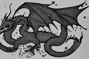 A cute dragon with open wings and water splashing on both sides, measuring less than 15 cm, pointillism. tattoo idea