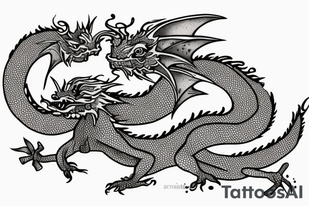 A little cute dragon with open wings and water splashing on both sides, measuring less than 15 cm, pointillism. tattoo idea