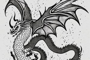 A little cute dragon with open wings and water splashing on both sides, measuring less than 15 cm, pointillism. tattoo idea