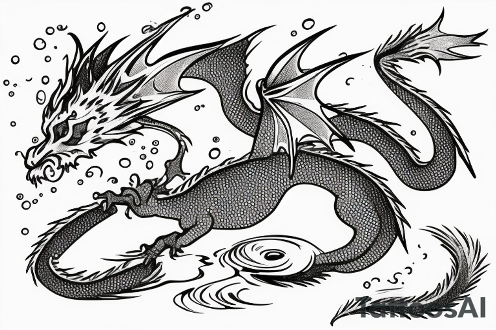 A little cute dragon with open wings and water splashing on both sides, measuring less than 15 cm, pointillism. tattoo idea