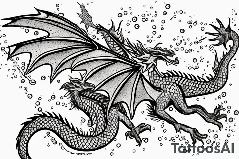 A little cute dragon with open wings and water splashing on both sides, measuring less than 15 cm, pointillism. tattoo idea