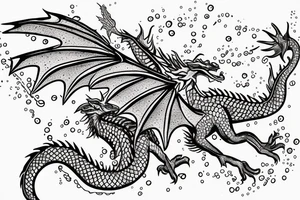 A little cute dragon with open wings and water splashing on both sides, measuring less than 15 cm, pointillism. tattoo idea