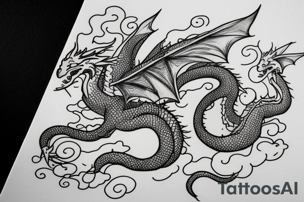 A little cute dragon with open wings and water splashing on both sides, pointillism. tattoo idea