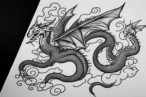 A little cute dragon with open wings and water splashing on both sides, pointillism. tattoo idea