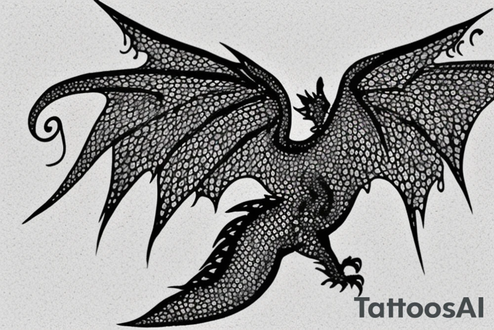 A little cute dragon with open wings and water splashing on both sides, pointillism. tattoo idea