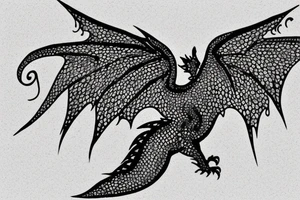 A little cute dragon with open wings and water splashing on both sides, pointillism. tattoo idea