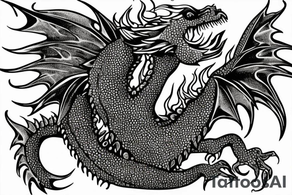 A little cute dragon with open wings and water splashing on both sides, pointillism. tattoo idea