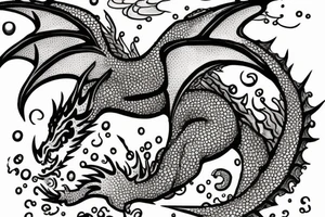 A little cute dragon with open wings and water splashing on both sides, pointillism. tattoo idea