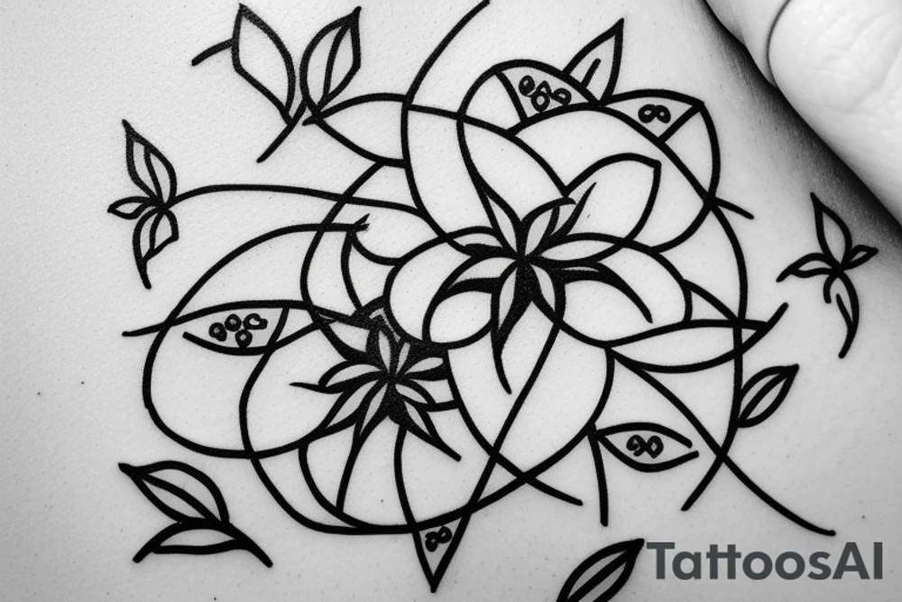 A small jasmine flower, in pointillism, with a background of geometric figures. tattoo idea