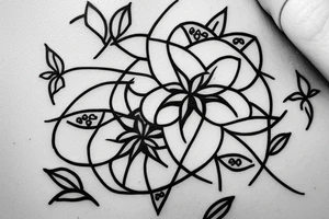 A small jasmine flower, in pointillism, with a background of geometric figures. tattoo idea