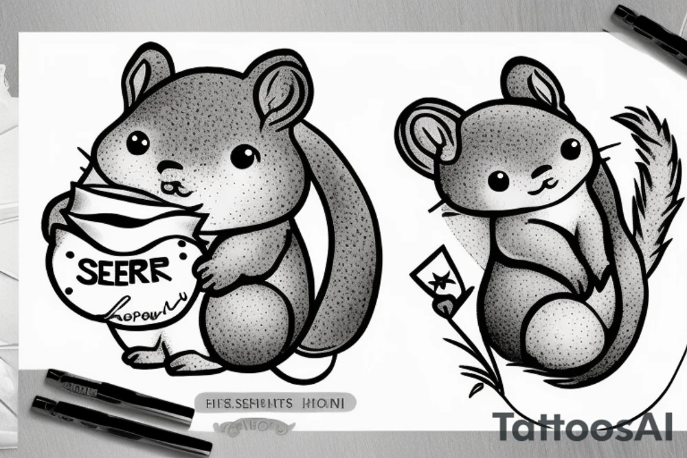 a cute little squirrel with big cheeks with the word "secret" hidden in it, with pointillism tattoo idea