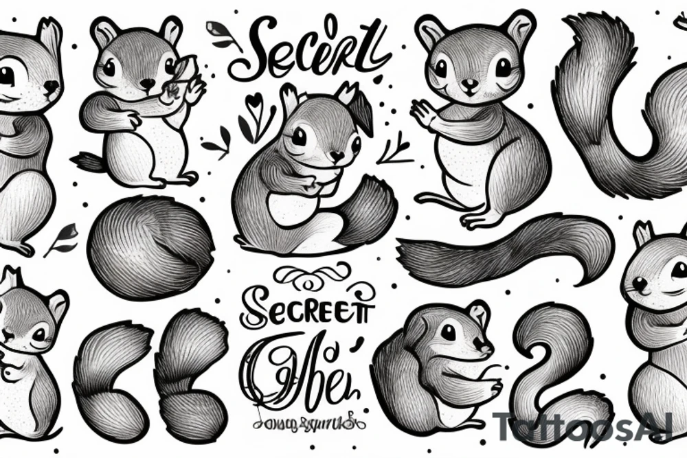 a cute little squirrel with big cheeks with the word "secret" hidden in it, with pointillism tattoo idea