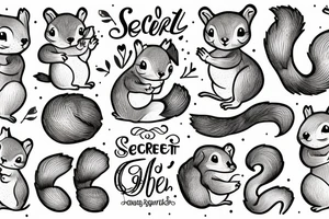 a cute little squirrel with big cheeks with the word "secret" hidden in it, with pointillism tattoo idea