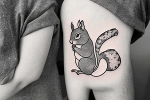 a cute little squirrel with big cheeks with the word "secret" hidden in it, with pointillism tattoo idea