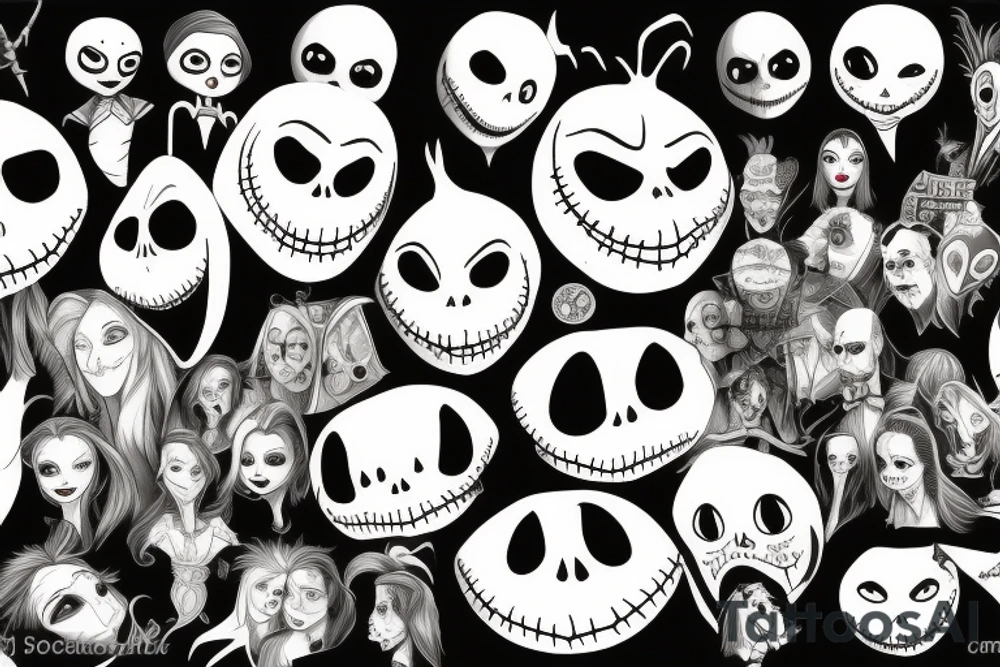 Characters from the movie the nightmare before christmas, Jack skellington, Sally, Oogie Boogie, the mayor and lock, shock and barrel, in pointillism, tattoo idea