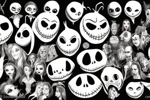 Characters from the movie the nightmare before christmas, Jack skellington, Sally, Oogie Boogie, the mayor and lock, shock and barrel, in pointillism, tattoo idea