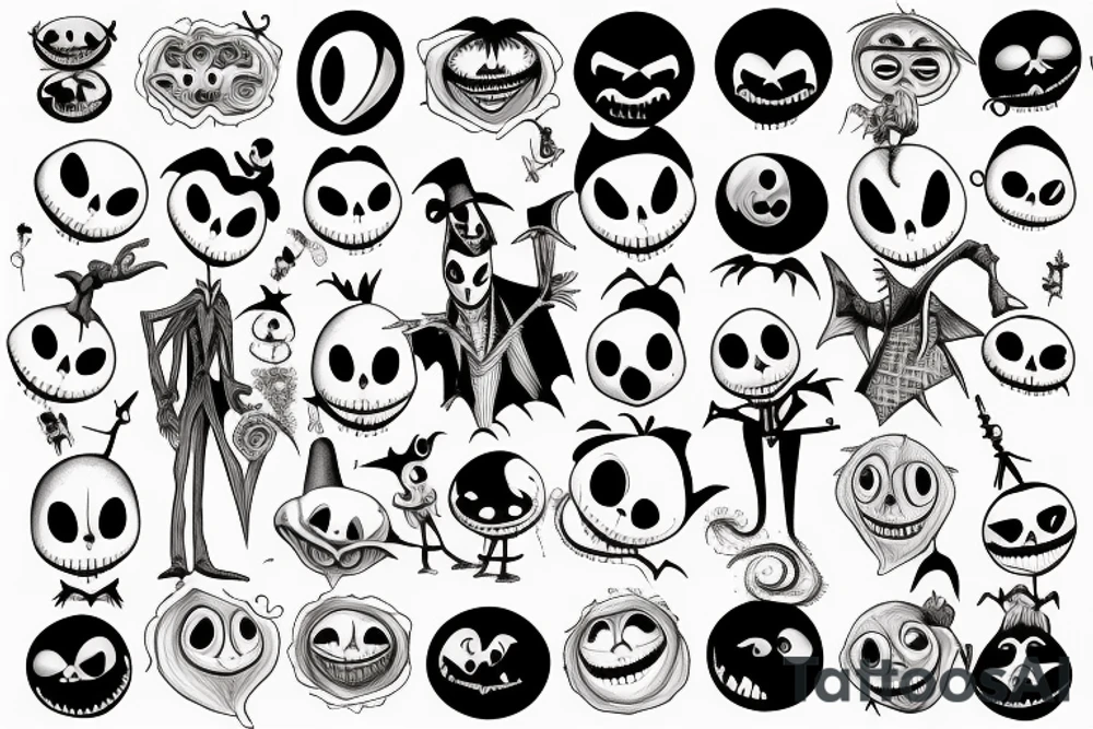 Characters from the movie the nightmare before christmas, Jack skellington, Sally, Oogie Boogie, the mayor and lock, shock and barrel, in pointillism, tattoo idea