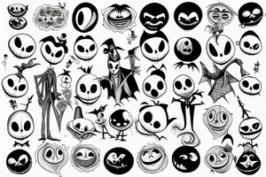 Characters from the movie the nightmare before christmas, Jack skellington, Sally, Oogie Boogie, the mayor and lock, shock and barrel, in pointillism, tattoo idea