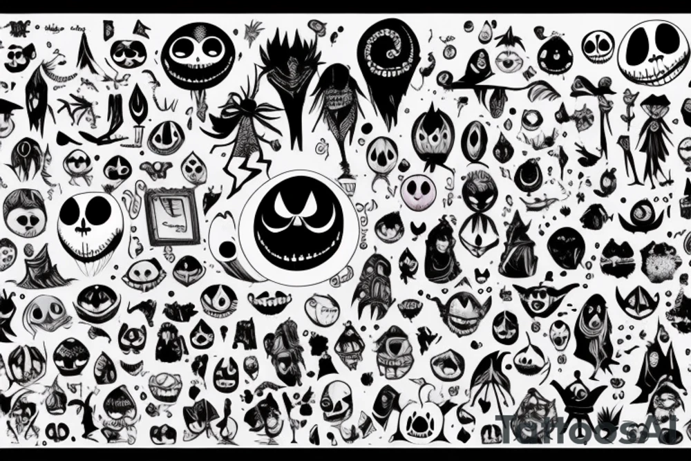 Characters from the movie the nightmare before christmas, Jack skellington, Sally, Oogie Boogie, the mayor and lock, shock and barrel, in a cute was and pointillism, tattoo idea