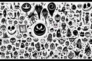 Characters from the movie the nightmare before christmas, Jack skellington, Sally, Oogie Boogie, the mayor and lock, shock and barrel, in a cute was and pointillism, tattoo idea