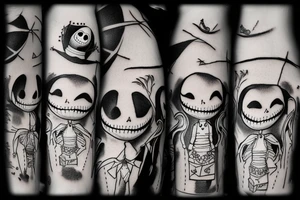 Characters from the movie the nightmare before christmas, Jack skellington, Sally, Oogie Boogie, the mayor and lock, shock and barrel, in a cute was and pointillism, tattoo idea