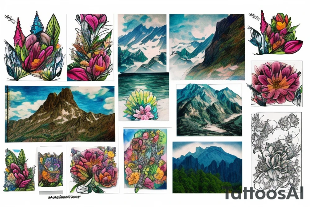 Mountains, flowers, sky, traveling tattoo idea