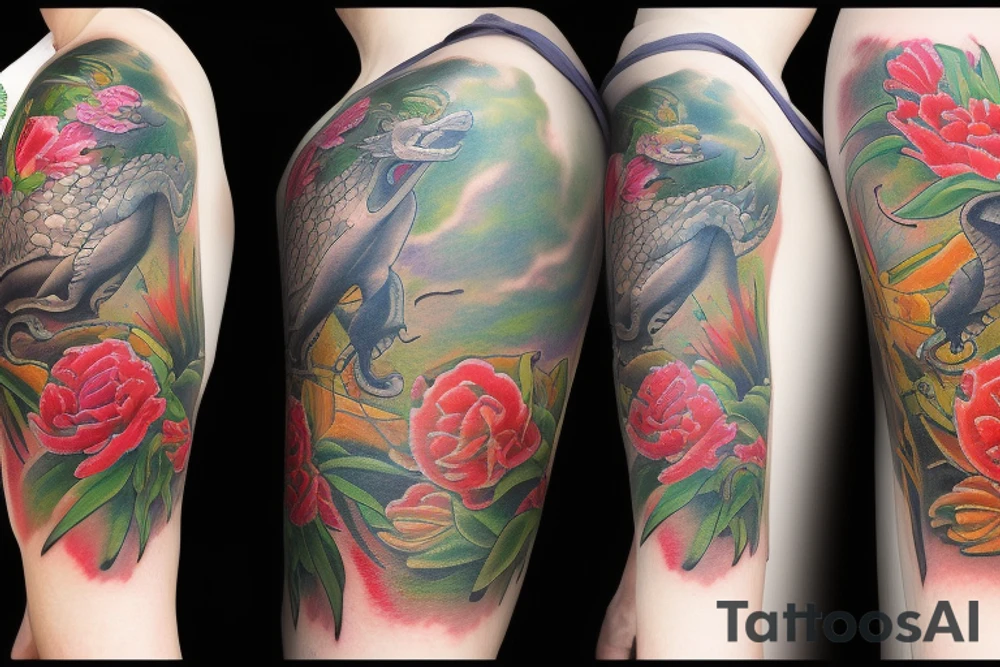 dragon and flowers tattoo idea