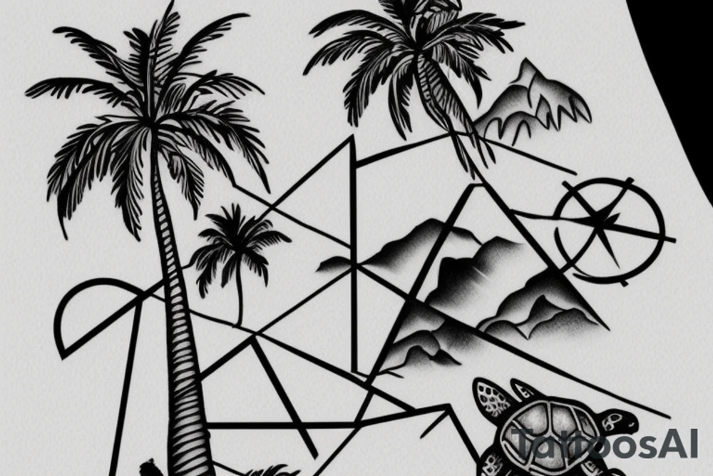 I want a tattoo on my forearm that will include a sea turtle, a glacier, tall palm trees and a plane. The tattoo should be in fine lines with geometric elements and a splash of soft watercolor. It represents my travels through Latin America. tattoo idea