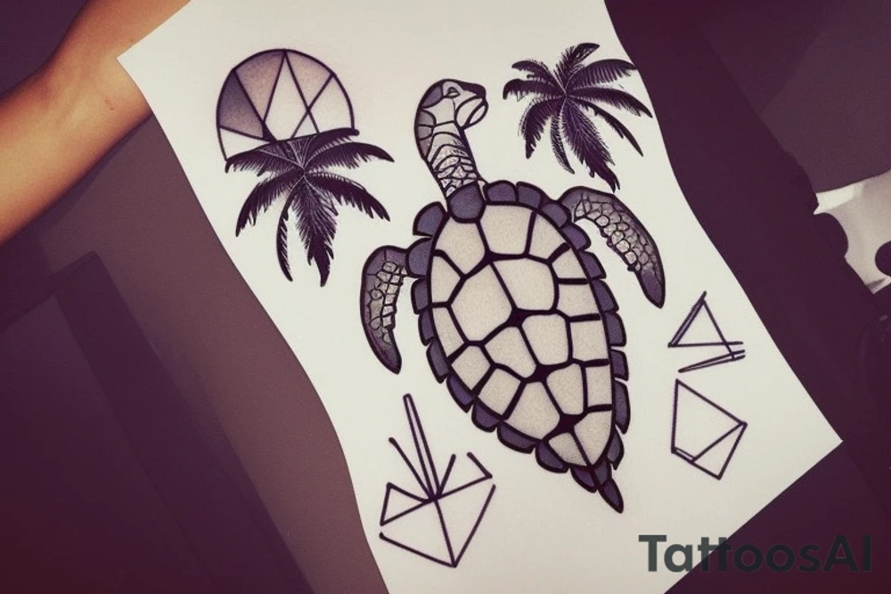 I want a tattoo on my forearm that will include a sea turtle, a glacier, tall palm trees and a plane. The tattoo should be in fine lines with geometric elements and a splash of soft watercolor. It represents my travels through Latin America. tattoo idea