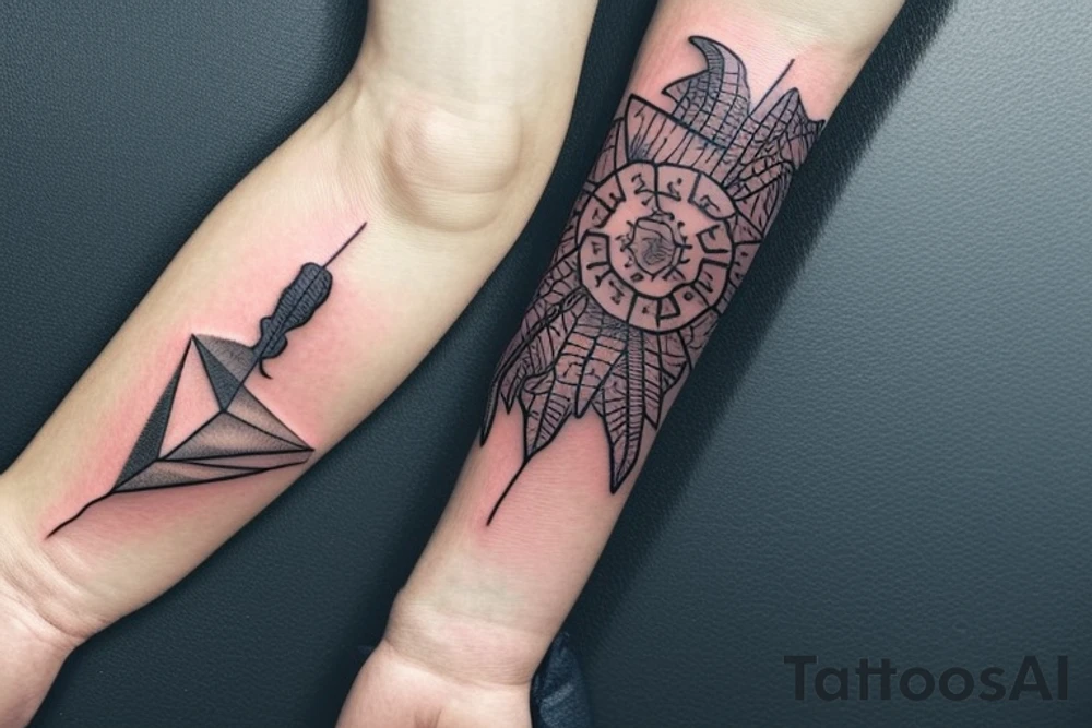 I want a tattoo on my forearm that will include a sea turtle, a glacier, tall palm trees and a plane. The tattoo should be in very fine lines with geometric elements and a splash of soft watercolor. It should also be a bit narrow, to fit on the arm. It represents my travels through Latin America. tattoo idea