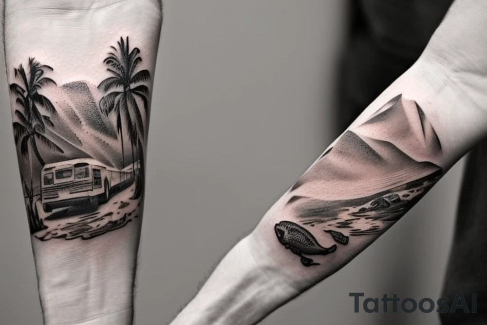I want a tattoo on my forearm that will include a sea turtle, a glacier, tall palm trees and a plane. The tattoo should be in very fine lines with geometric elements and a splash of soft watercolor. It should also be a bit narrow, to fit on the arm. It represents my travels through Latin America. tattoo idea