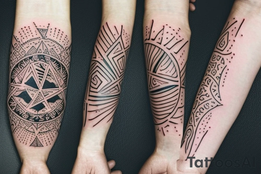 I want a tattoo on my forearm that will include a sea turtle, a glacier, tall palm trees and a plane. The tattoo should be in very fine lines with geometric elements and a splash of soft watercolor. It should also be a bit narrow, to fit on the arm. tattoo idea