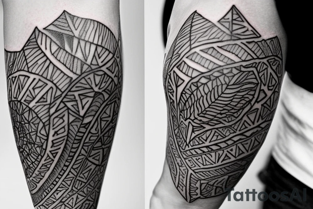 I want a tattoo on my forearm that will include a sea turtle, a glacier, tall palm trees and a plane. The tattoo should be in very fine lines with geometric elements and a splash of soft watercolor. It should also be a bit narrow, to fit on the arm. tattoo idea