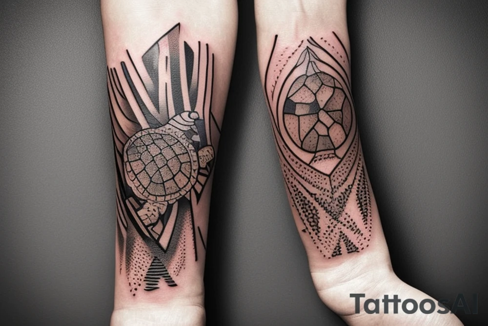 I want a tattoo on my forearm that will include a sea turtle, a glacier, tall palm trees and a plane. The tattoo should be in very fine lines with geometric elements and a splash of soft watercolor. It should also be a bit narrow, to fit on the arm. tattoo idea
