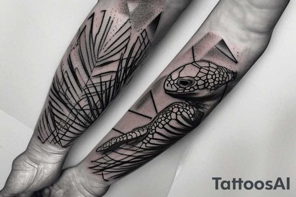 I want a tattoo on my forearm that will include a sea turtle, a glacier, tall palm trees and a plane. The tattoo should be in very fine lines with geometric elements and a splash of soft watercolor. It should also be a bit narrow, to fit on the arm. tattoo idea