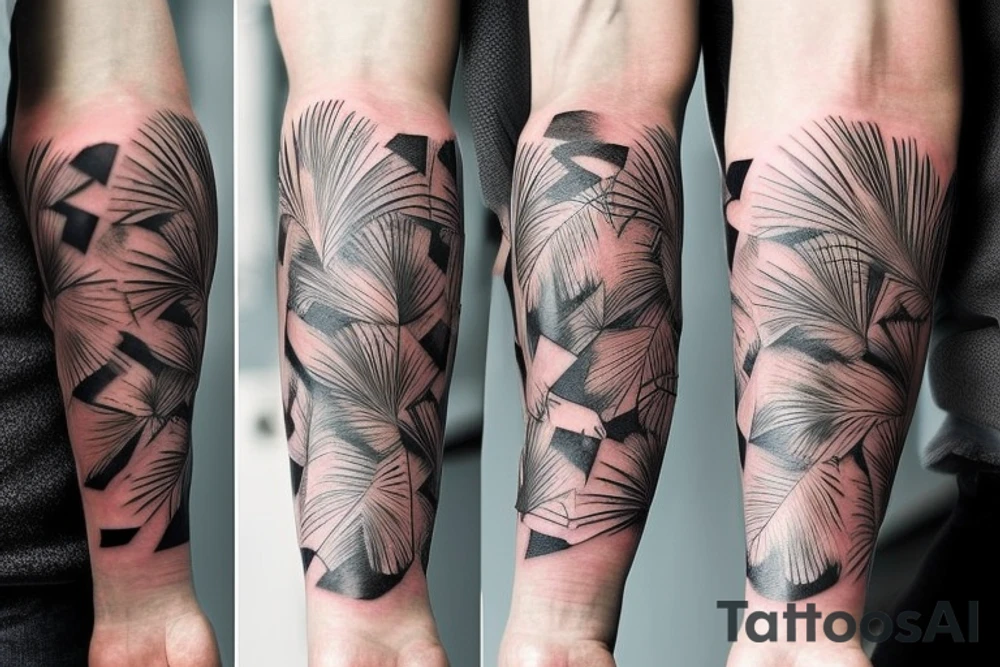 I want a tattoo on my forearm that will include a sea turtle, a glacier, tall palm trees and a plane. The tattoo should be in very fine lines with geometric elements and a splash of soft watercolor. It should also be a bit narrow, to fit on the arm. tattoo idea