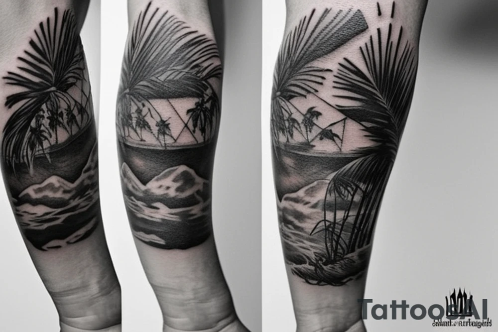 I want a tattoo on my forearm that will include a sea turtle, a glacier, tall palm trees and a plane. The tattoo should be in very fine lines with geometric elements and a splash of soft watercolor. It should also be a bit narrow, to fit on the arm. tattoo idea